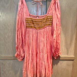 Pink Free People Dress Baby Doll Smocked and Gathered Puff Sleeves Square Neck